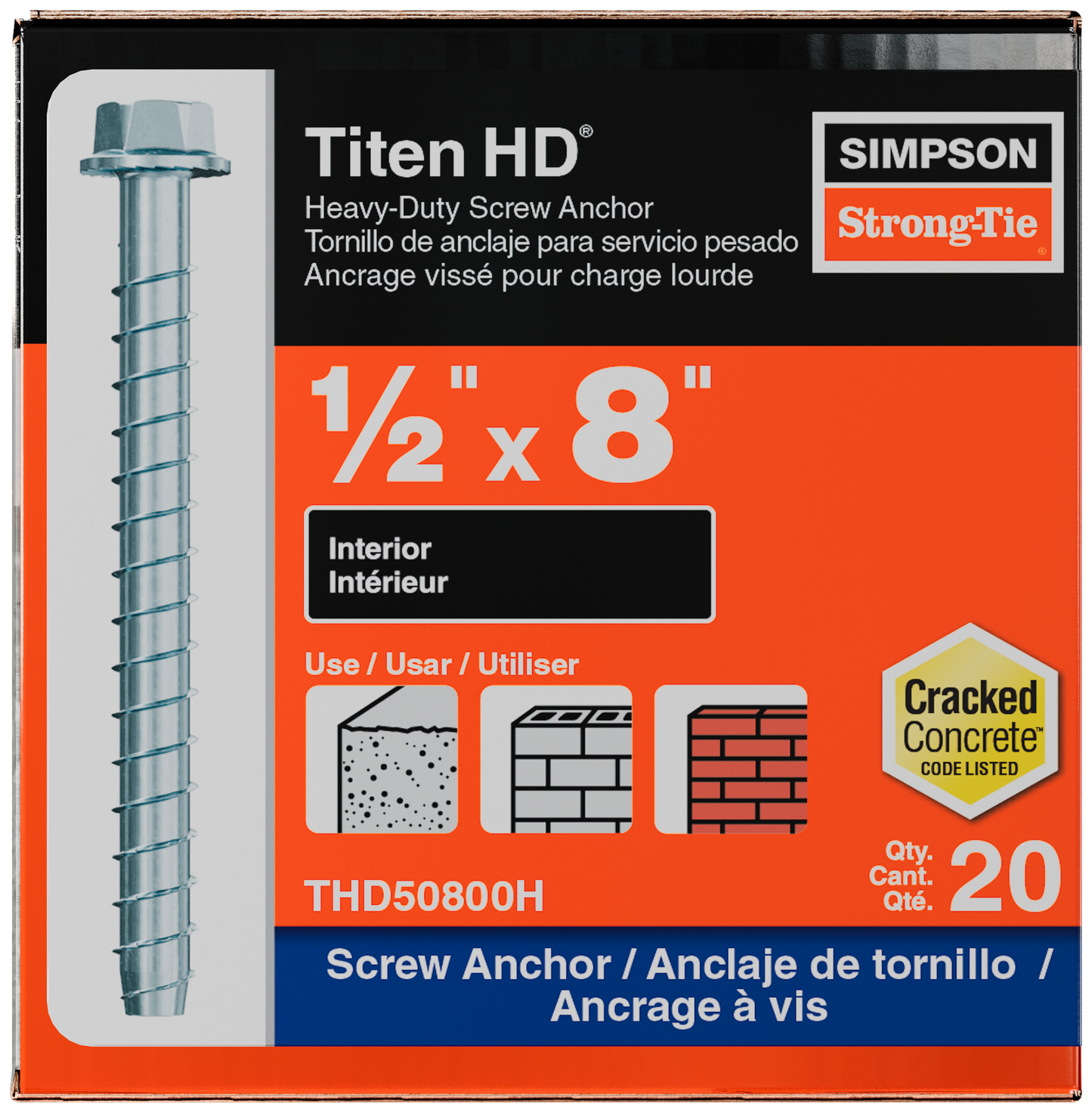 Simpson Strong-Tie THD50800H Titen HD® 1/2 in. x 8 in. Heavy-Duty Screw Anchor (20-Qty) (Pack of 180)