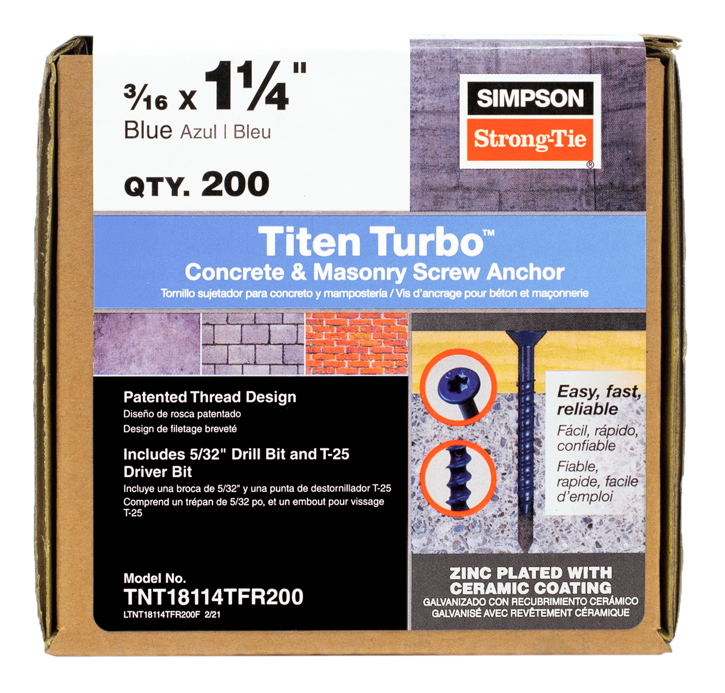 Simpson Strong-Tie TNT18114TFR200 Titen Turbo™ — 3/16 in. x 1-1/4 in. 6-Lobe Flat-Head Concrete and Masonry Screw, Blue (200-Qty)