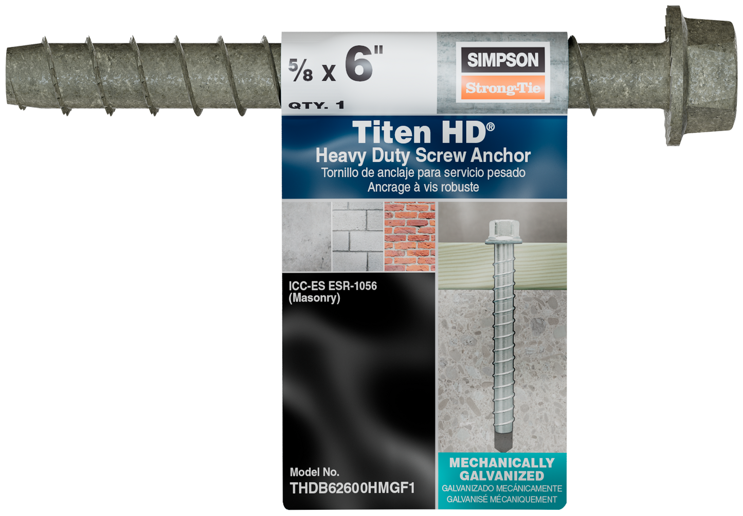 Simpson Strong-Tie THDB62600HMGF1 Titen HD® 5/8 in. x 6 in. Mechanically Galvanized Heavy-Duty Screw Anchor