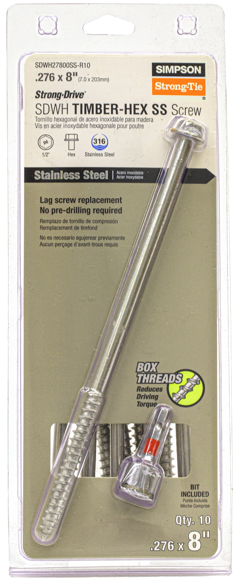 Simpson Strong-Tie SDWH27800SS-R10 Strong-Drive® SDWH™ TIMBER-HEX SS Screw — 0.275 in. x 8 in. 1/2 Hex, Type 316 (10-Qty) (Pack of 540)
