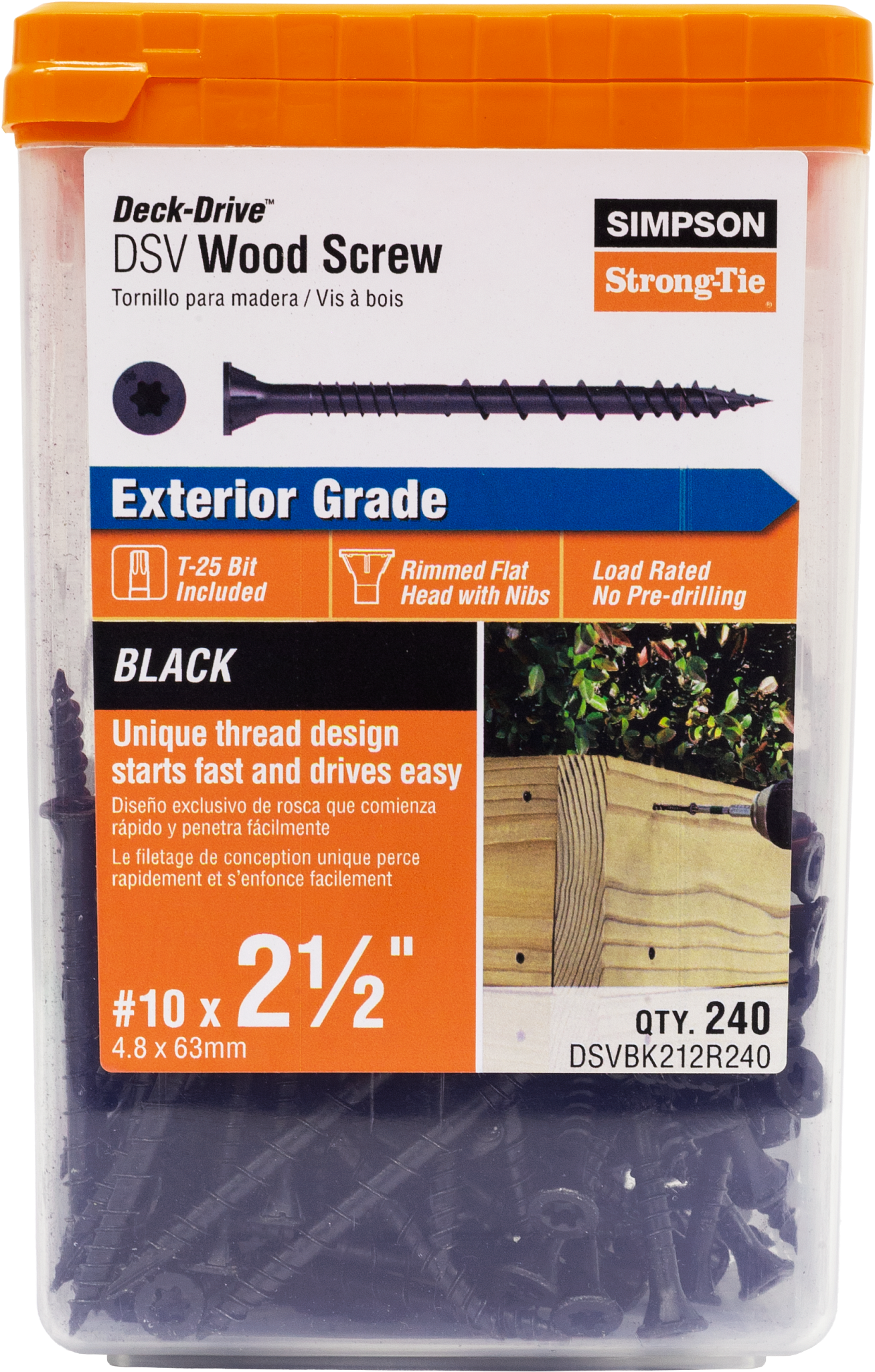 Simpson Strong-Tie DSVBK212R240 Deck-Drive™ DSV WOOD Screw — #10 x 2-1/2 in. T25, Flat Head, Quik Guard®, Black (240-Qty)
