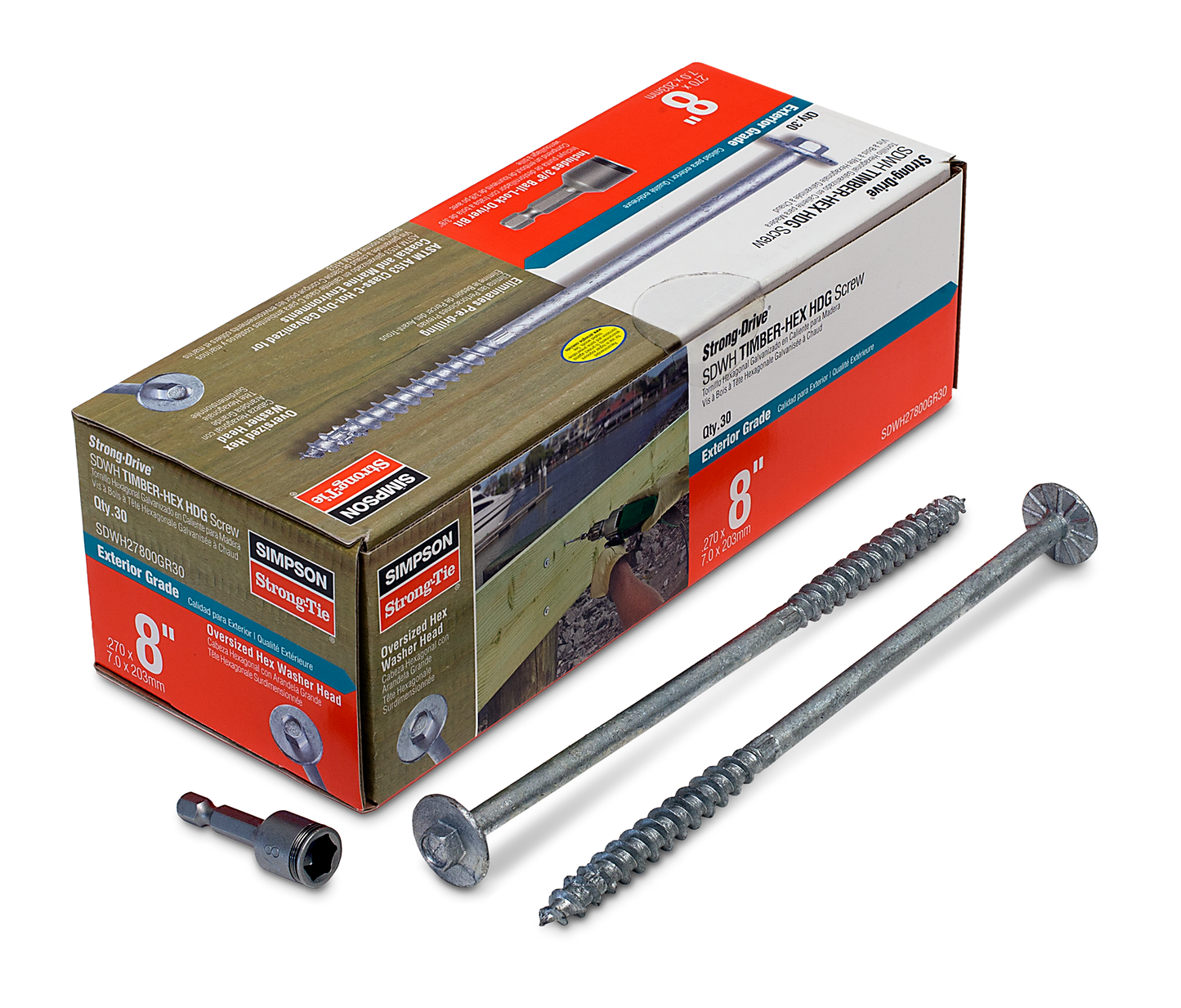 Simpson Strong-Tie SDWH27800GR30 Strong-Drive® SDWH™ TIMBER-HEX HDG Screw — 0.276 in. x 8 in. 3/8 Hex (30-Qty) (Pack of 6)