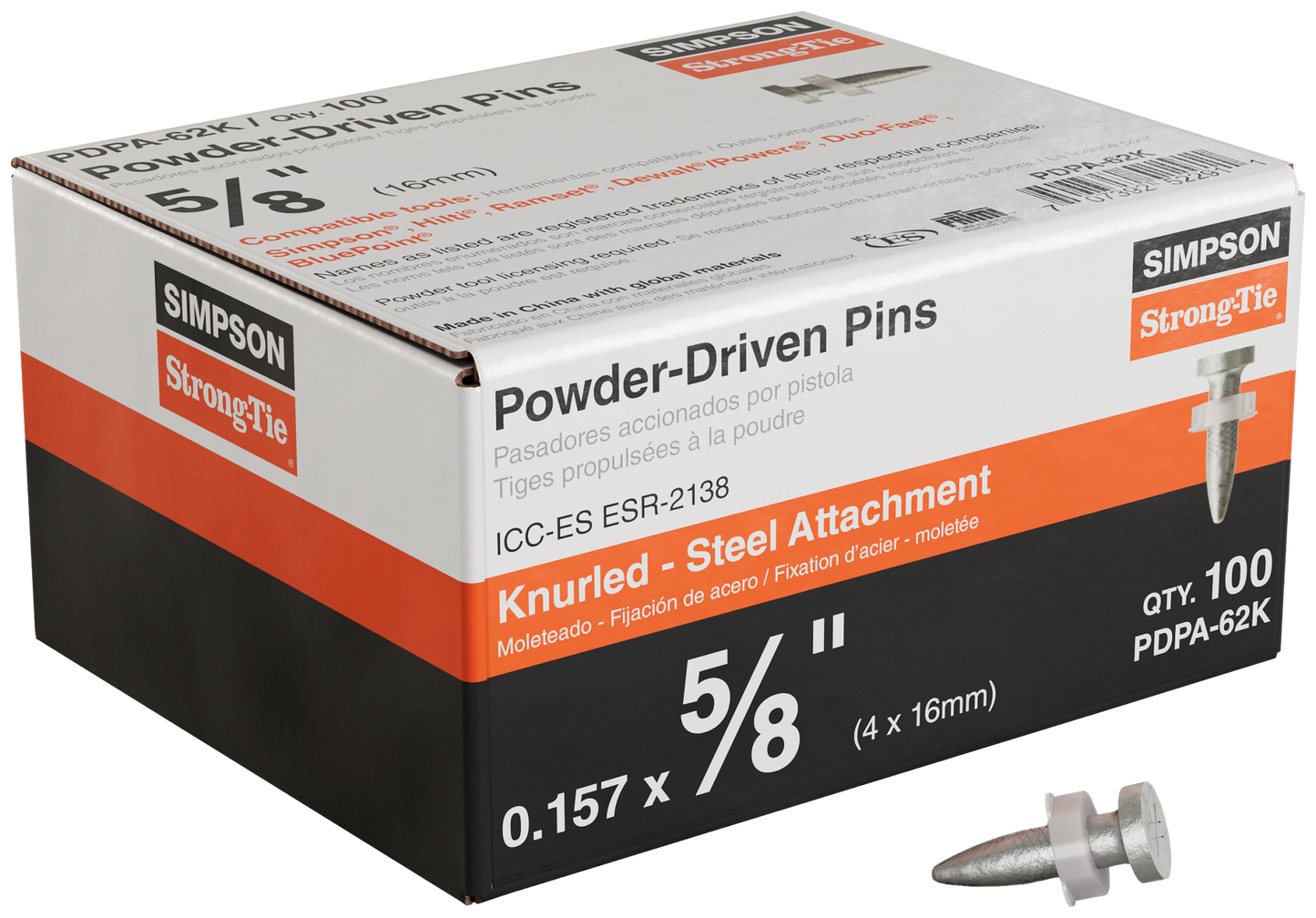 Simpson Strong-Tie PDPA-62K PDPA .157 in. x 5/8 in. Powder-Actuated Knurled Drive Pin (100-Qty) (Pack of 10)