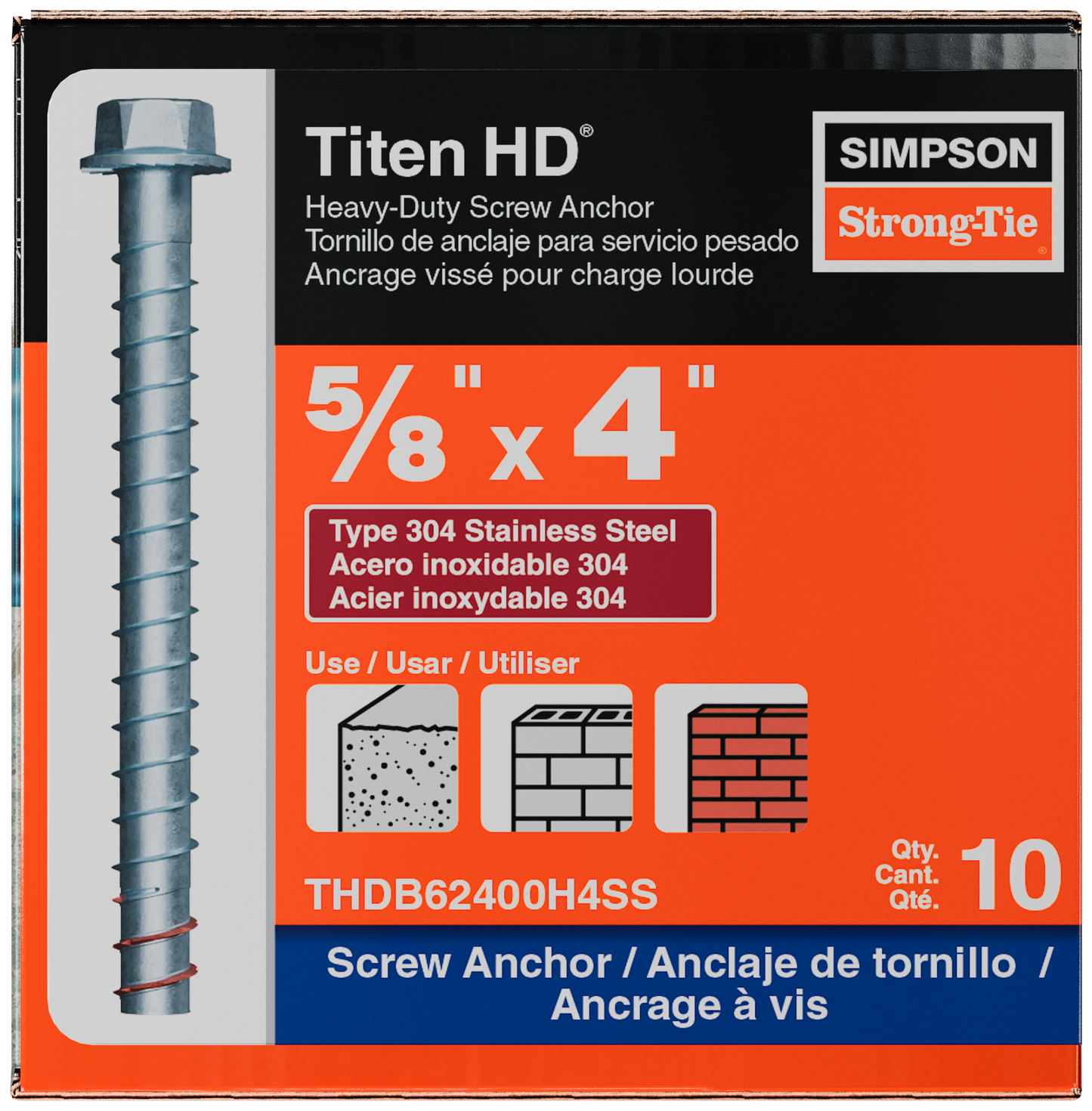 Simpson Strong-Tie THDB62400H4SS Titen HD® 5/8 in. x 4 in. Type 304 Stainless Steel Heavy-Duty Screw Anchor (10-Qty)