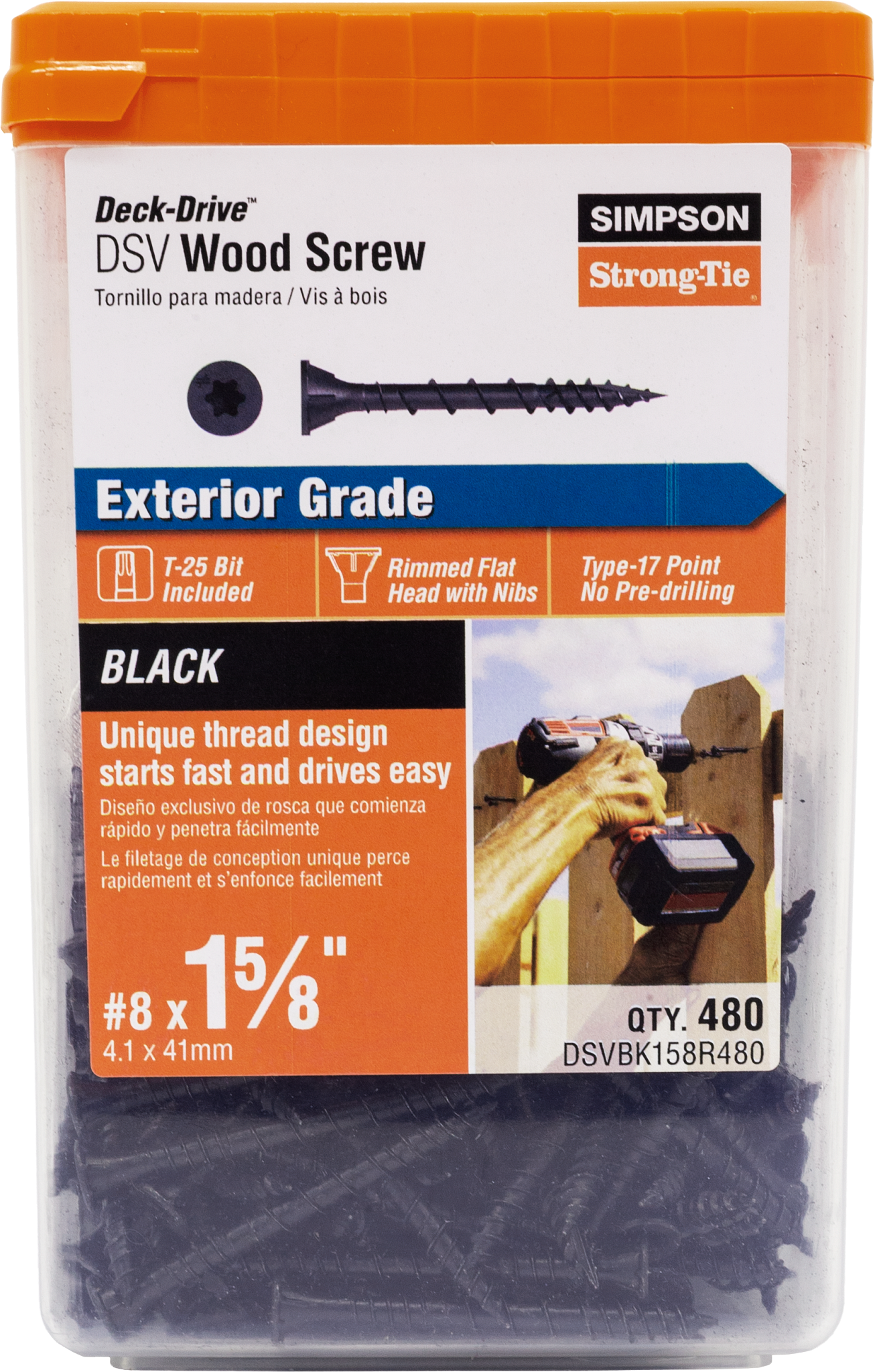 Simpson Strong-Tie DSVBK158R480 Deck-Drive™ DSV WOOD Screw — #8 x 1-5/8 in. T25, Flat Head, Quik Guard®, Black (480-Qty)