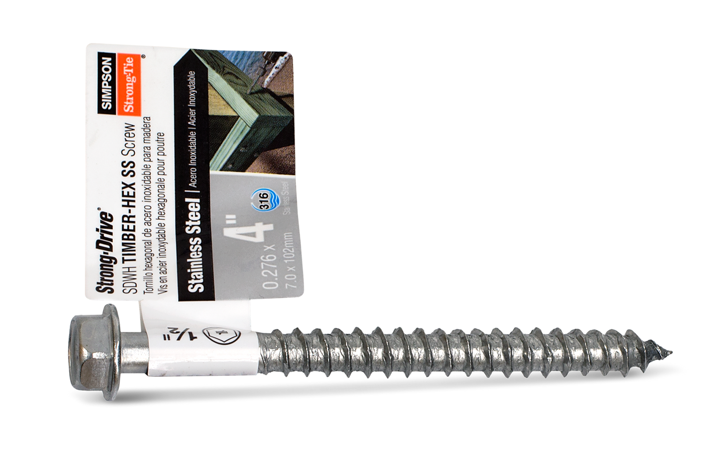 Simpson Strong-Tie SDWH27400SS-RP1 Strong-Drive® SDWH™ TIMBER-HEX SS Screw — 0.275 in. x 4 in. 1/2 Hex, Type 316