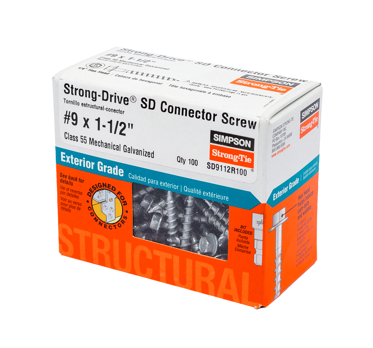 Simpson Strong-Tie SD9112R100 Strong-Drive® SD CONNECTOR Screw — #9 x 1-1/2 in. 1/4-Hex Drive, Mech. Galv. (100-Qty)