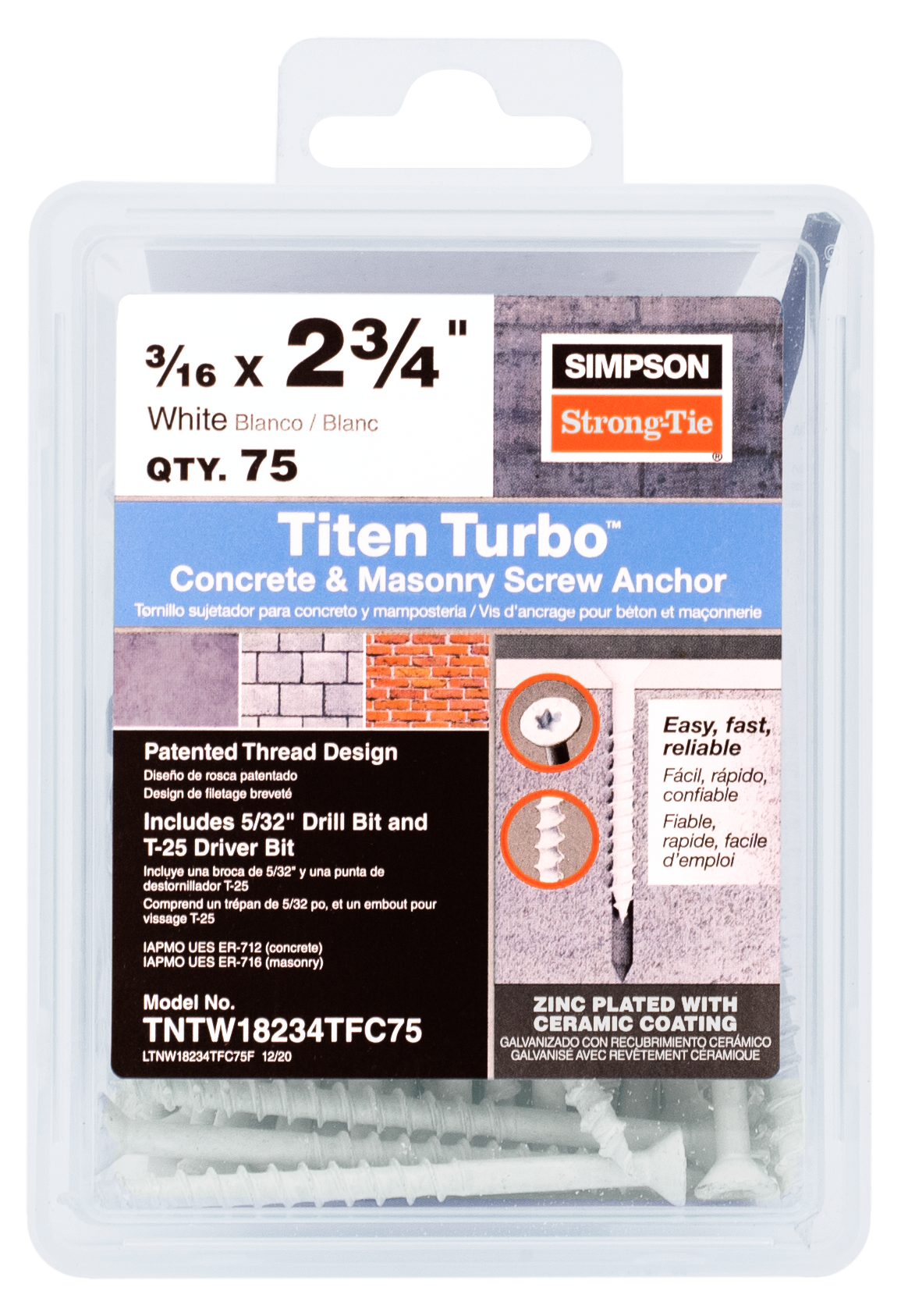 Simpson Strong-Tie TNTW18234TFC75 Titen Turbo™ — 3/16 in. x 2-3/4 in. 6-Lobe Flat-Head Concrete and Masonry Screw, White (75-Qty) (Pack of 4)