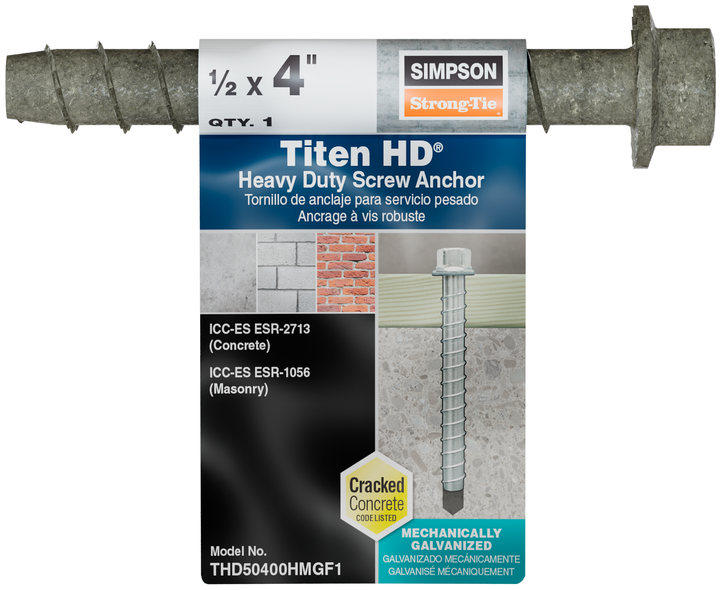 Simpson Strong-Tie THD50400HMGF1 Titen HD® 1/2 in. x 4 in. Mechanically Galvanized Heavy-Duty Screw Anchor (Pack of 20)