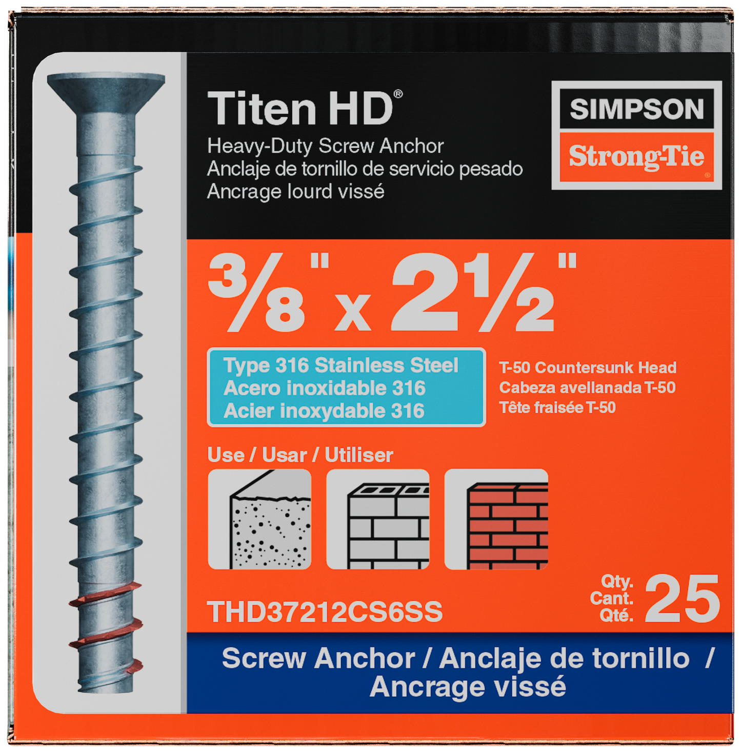 Simpson Strong-Tie THD37212CS6SS Titen HD® 3/8 in. x 2-1/2 in. Type 316 SS Countersunk Head Heavy-Duty Screw Anchor (25-Qty)