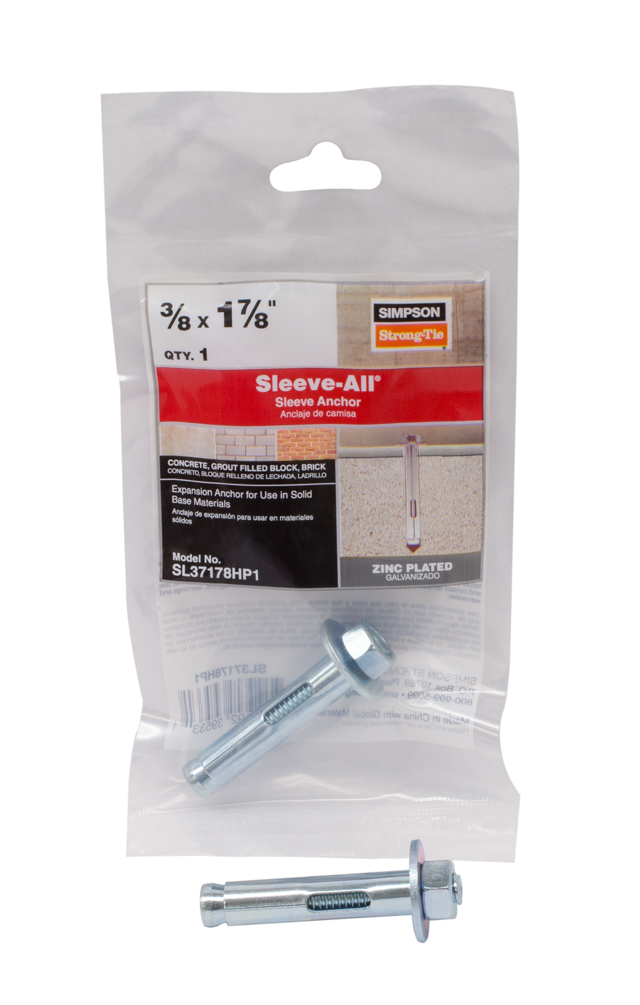 Simpson Strong-Tie SL37178HP1 Sleeve-All® 3/8 in. x 1-7/8 in. Hex-Head Sleeve Anchor (Pack of 8370)