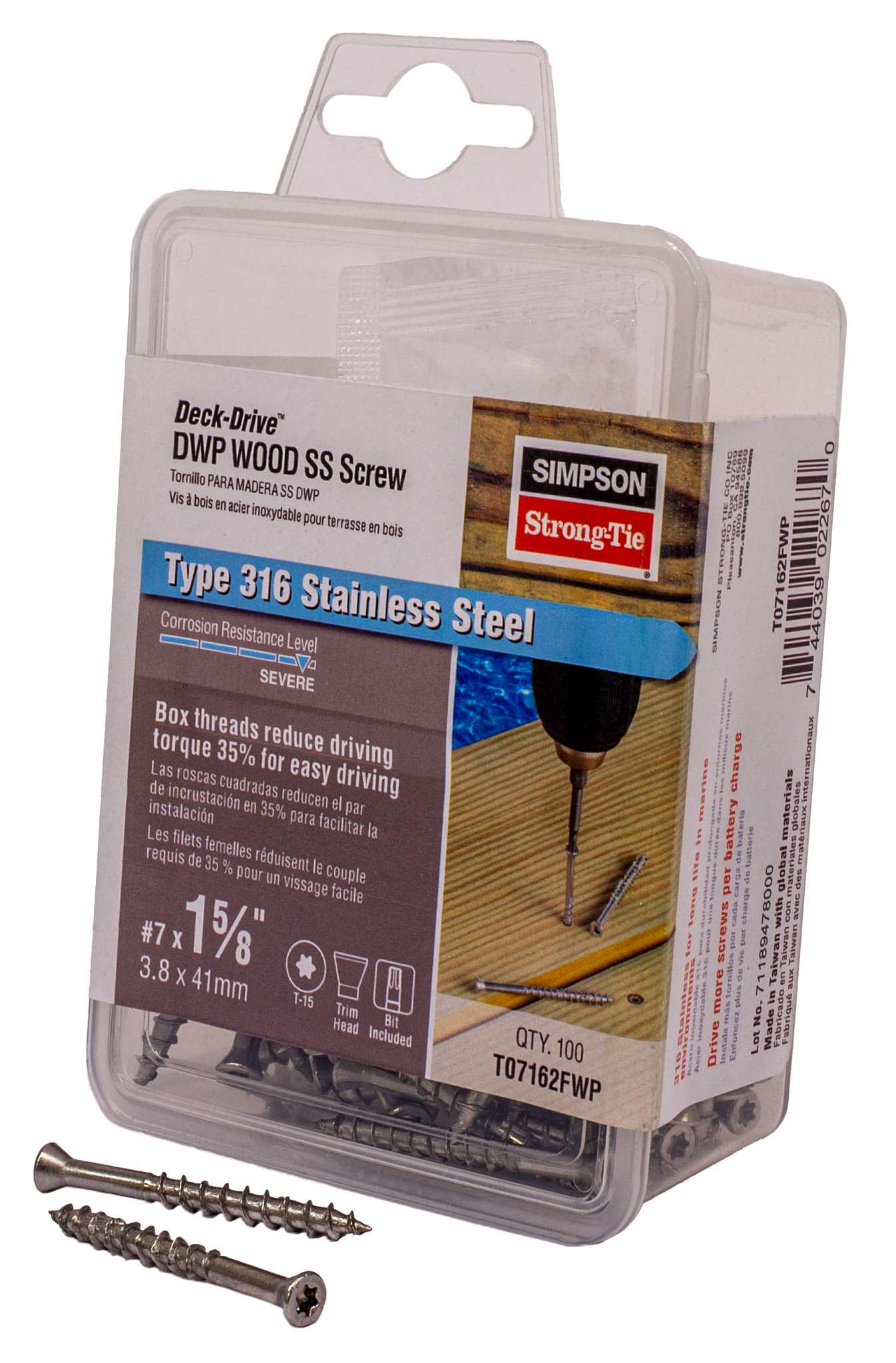 Simpson Strong-Tie T07162FWP Deck-Drive™ DWP WOOD SS Screw — #7 x 1-5/8 in. T-15, Trim Head, Type 316 (100-Qty)