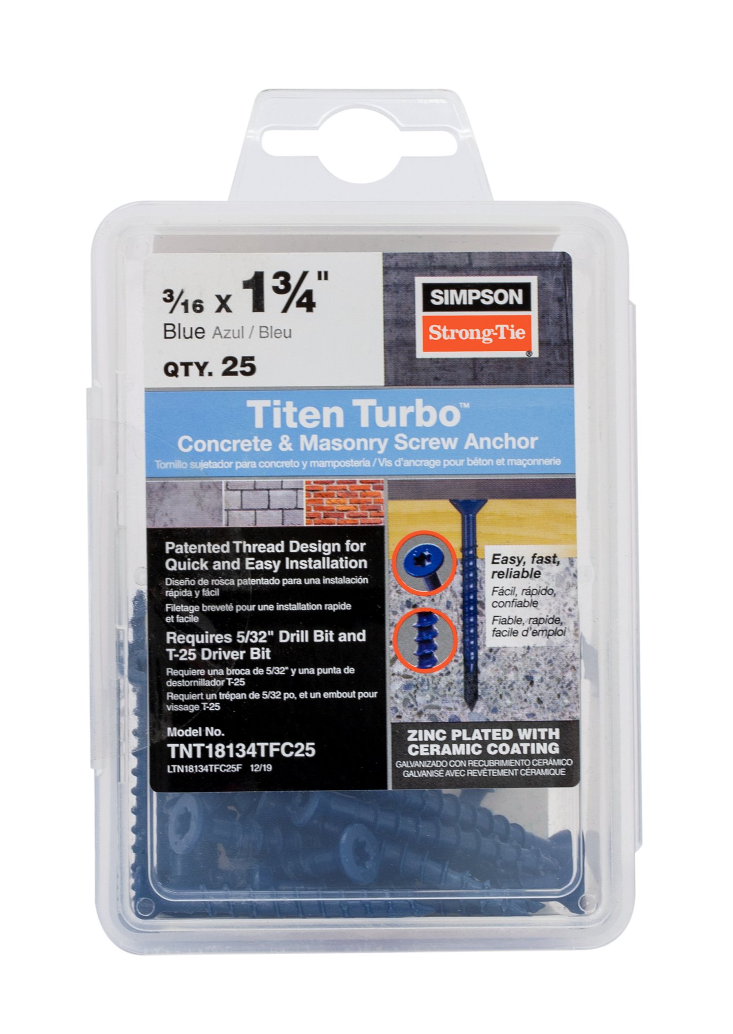 Simpson Strong-Tie TNT18134TFC25 Titen Turbo™ — 3/16 in. x 1-3/4 in. 6-Lobe Flat-Head Concrete and Masonry Screw, Blue (25-Qty) (Pack of 1440)