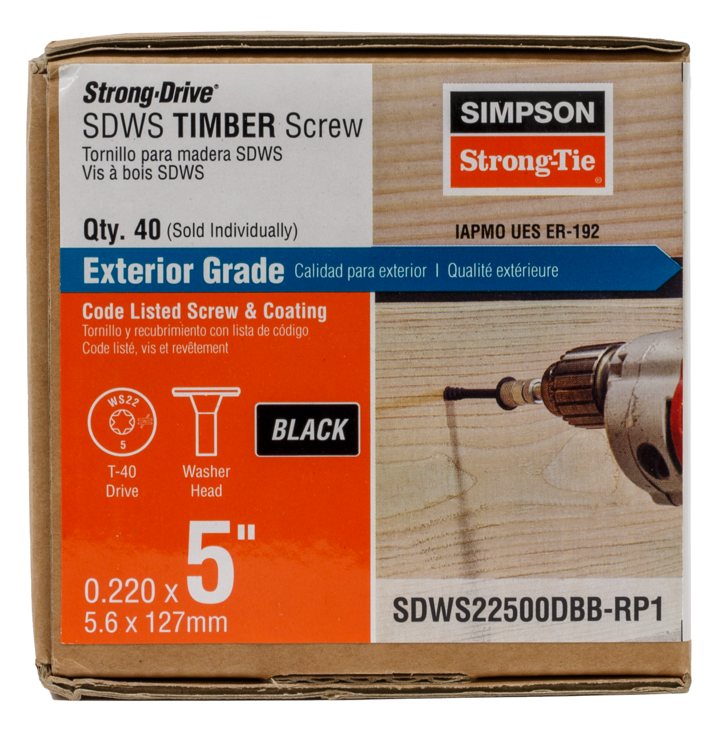 Simpson Strong-Tie SDWS22500DBB-RP1 Strong-Drive® SDWS™ TIMBER Screw (Exterior Grade) — 0.220 in. x 5 in. T40, Black (Pack of 40)