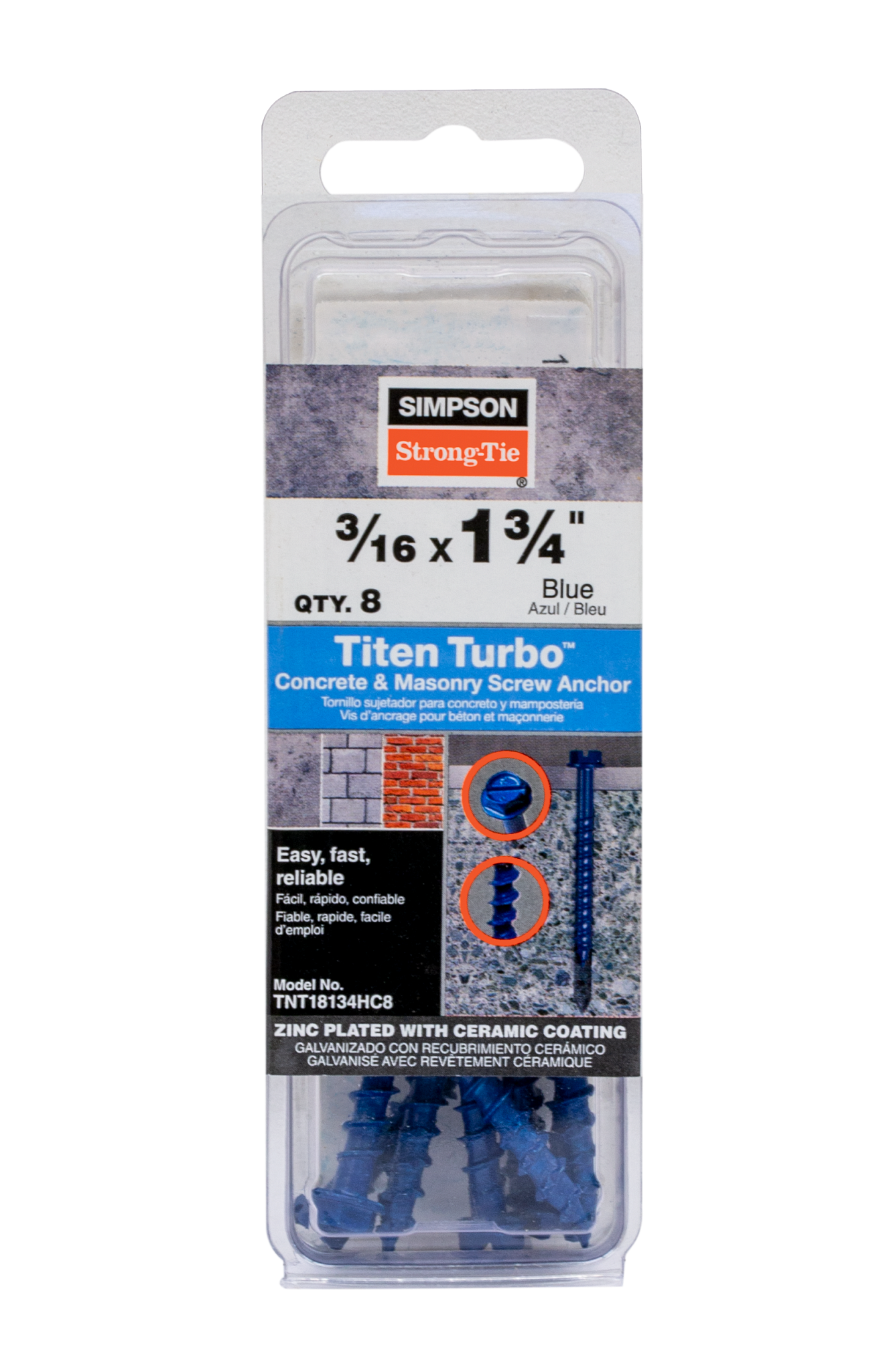 Simpson Strong-Tie TNT18134HC8 Titen Turbo™ — 3/16 in. x 1-3/4 in. Hex-Head Concrete and Masonry Screw, Blue (8-Qty) (Pack of 20)