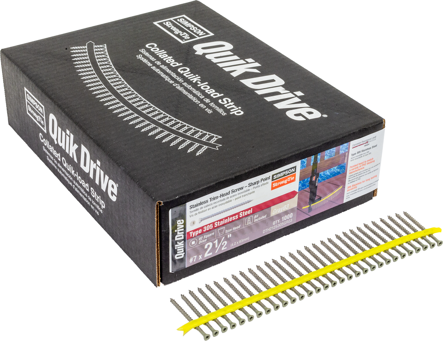 Simpson Strong-Tie DTH212S305GR03 Trim-Head Screw — Sharp Point (Collated) — #7 x 2-1/2 in. #2 Square Type 305 Gray 03 (1000-Qty)
